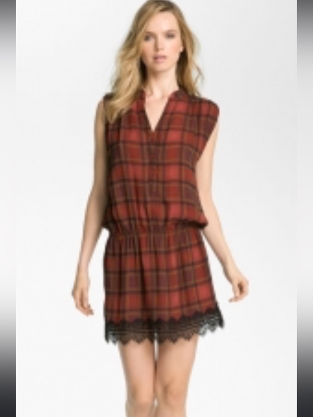 Haute Hippie Red Plaid Sleeveless Dress with Black Lace Hem
